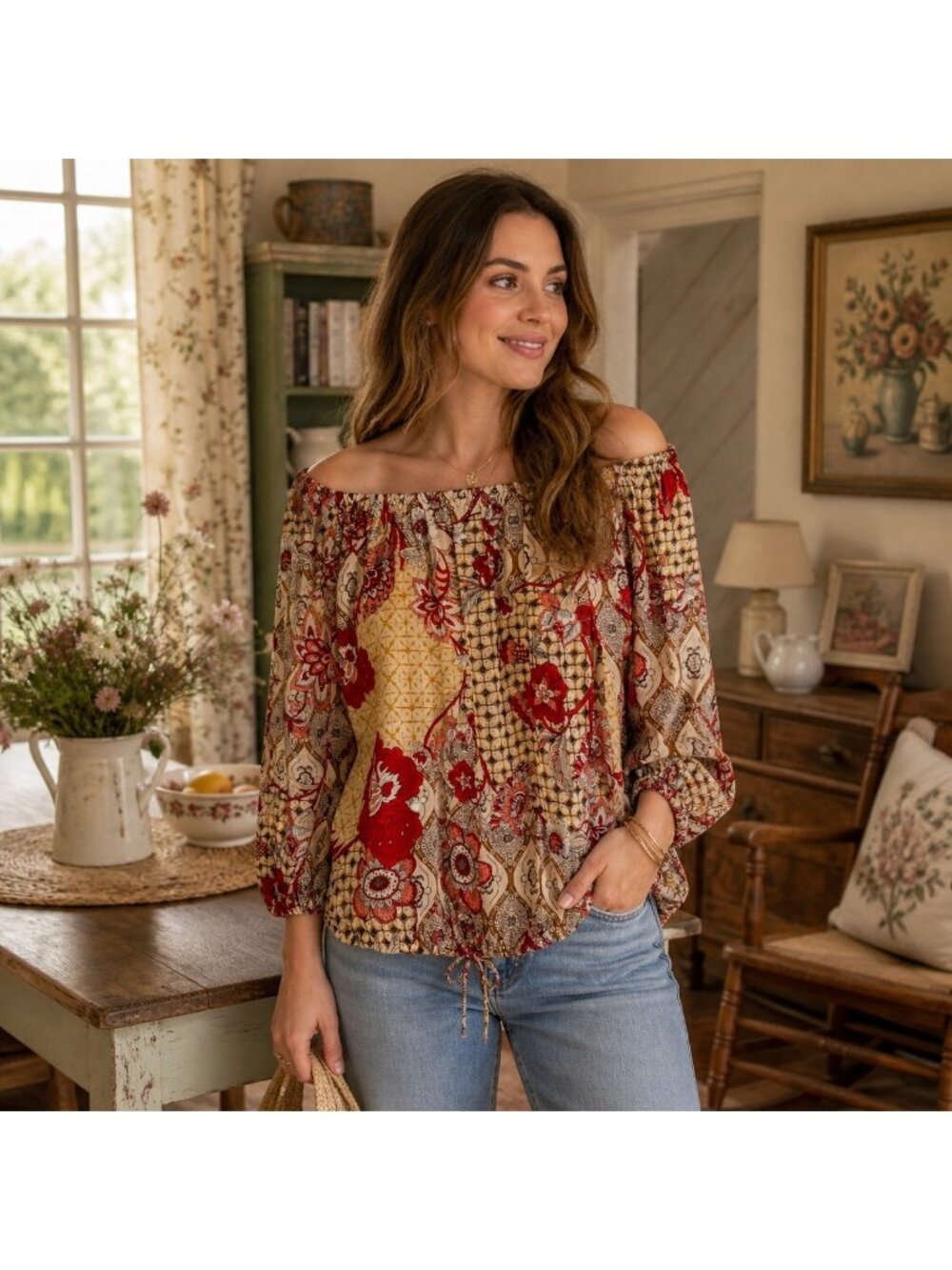 Tommy Hilfiger Women's Boho Floral Peasant Blouse Top L Hippie Cottagecore